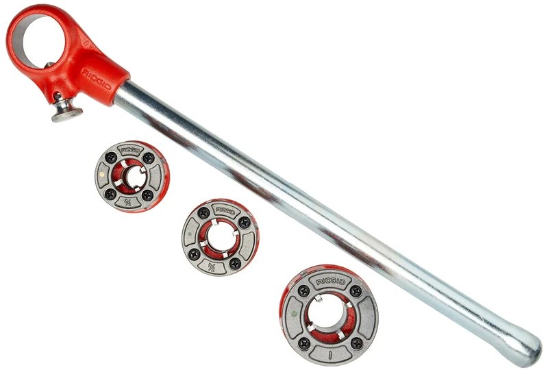 RIDGID 36345 00R Exposed Ratchet Threader Set, 1/2-Inch to 1-Inch NPT Pipe Threading Dies and Manual Ratcheting Pipe Threader, Red/Black