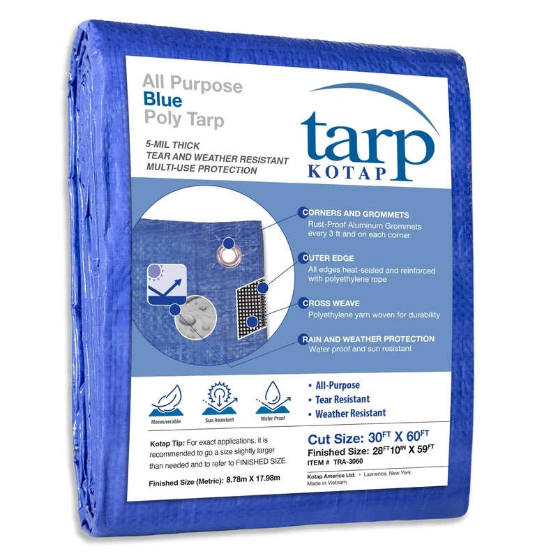 Kotap 30 x 60 Ft. All-Purpose Multi-Use Protection/Coverage 5-mil Poly Tarp, Waterproof, Blue, (TRA-3060)