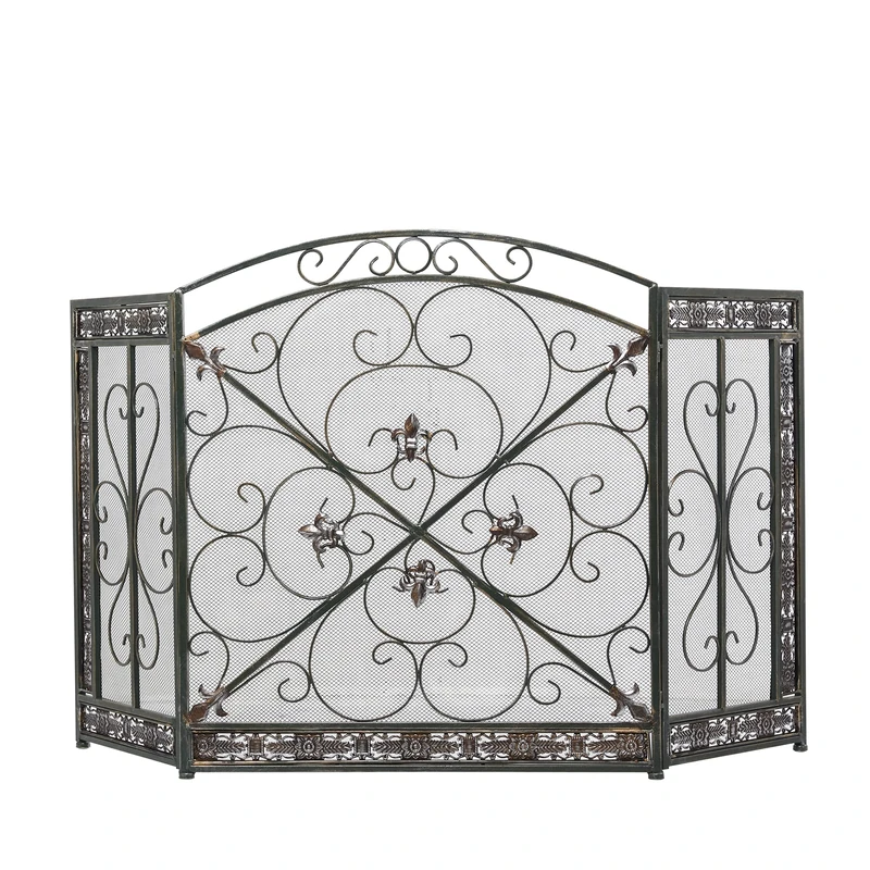 Deco 79 Metal Foldable Mesh Netting 3 Panel Fireplace Screen with Fleur De Lis and Scrollwork Designs, 52 Inch x 1 Inch x 31 Inch, Black