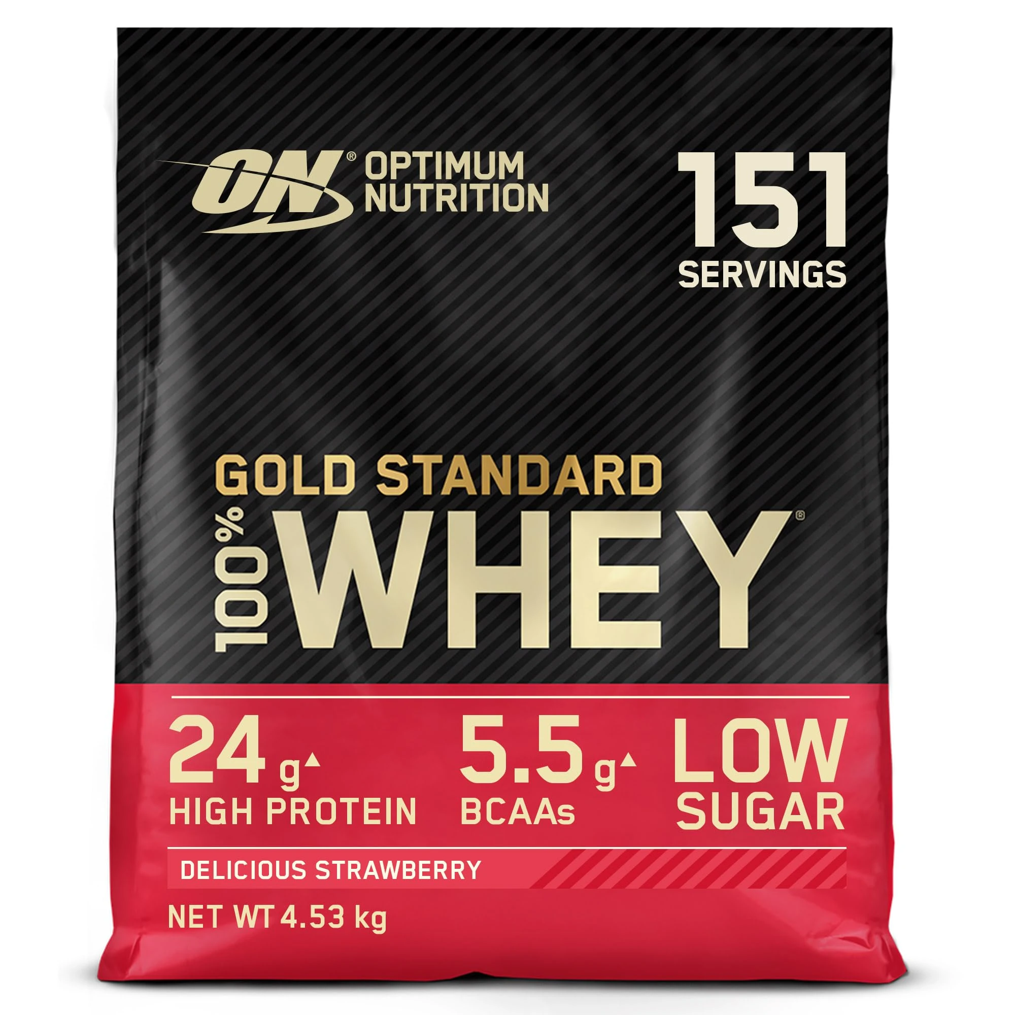 Optimum Nutrition Gold Standard 100% Whey Muscle Building and Recovery Protein Powder With Naturally Occurring Glutamine and BCAA Amino Acids, Delicious Strawberry Flavour, 151 Servings, 4.53 kg