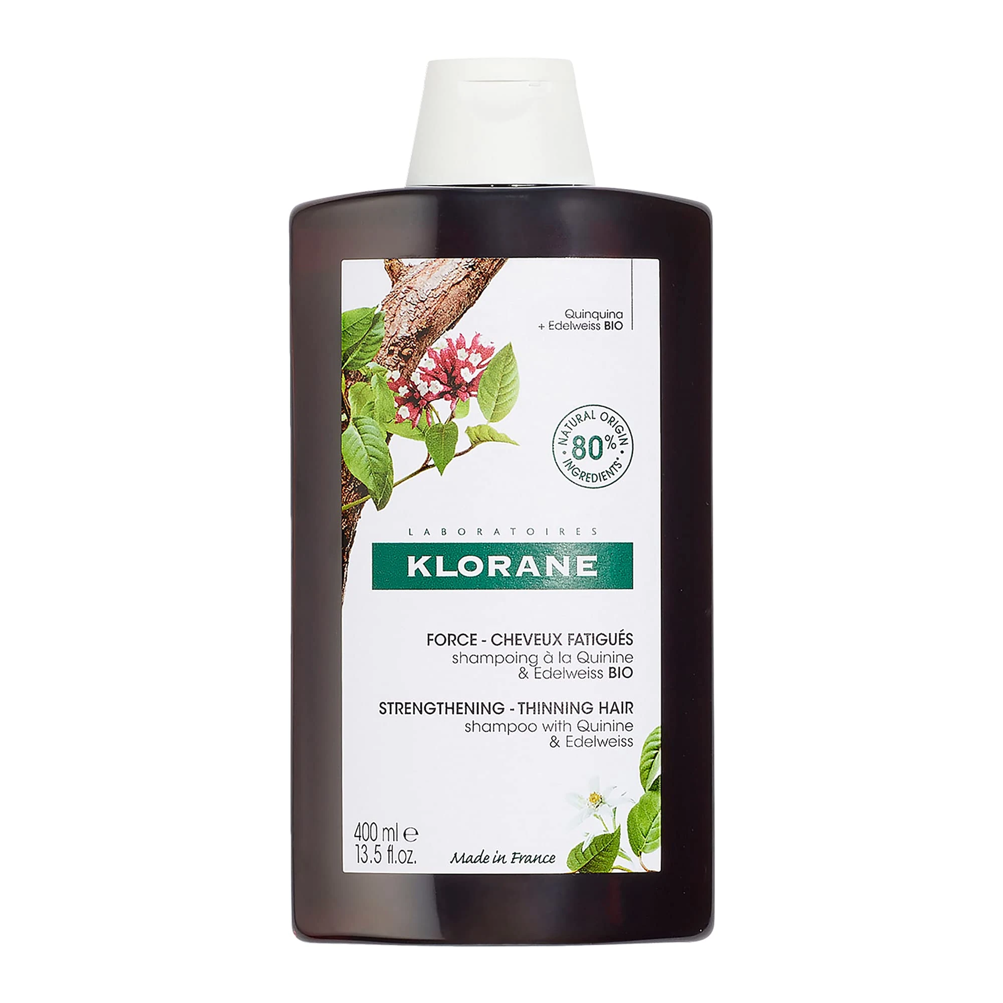 Klorane Strengthening Quinine and Organic Edelweiss Shampoo – Tired Hair, Hair Loss – Sulphate-Free, Vegan* Formula – 1x 400ml Bottle