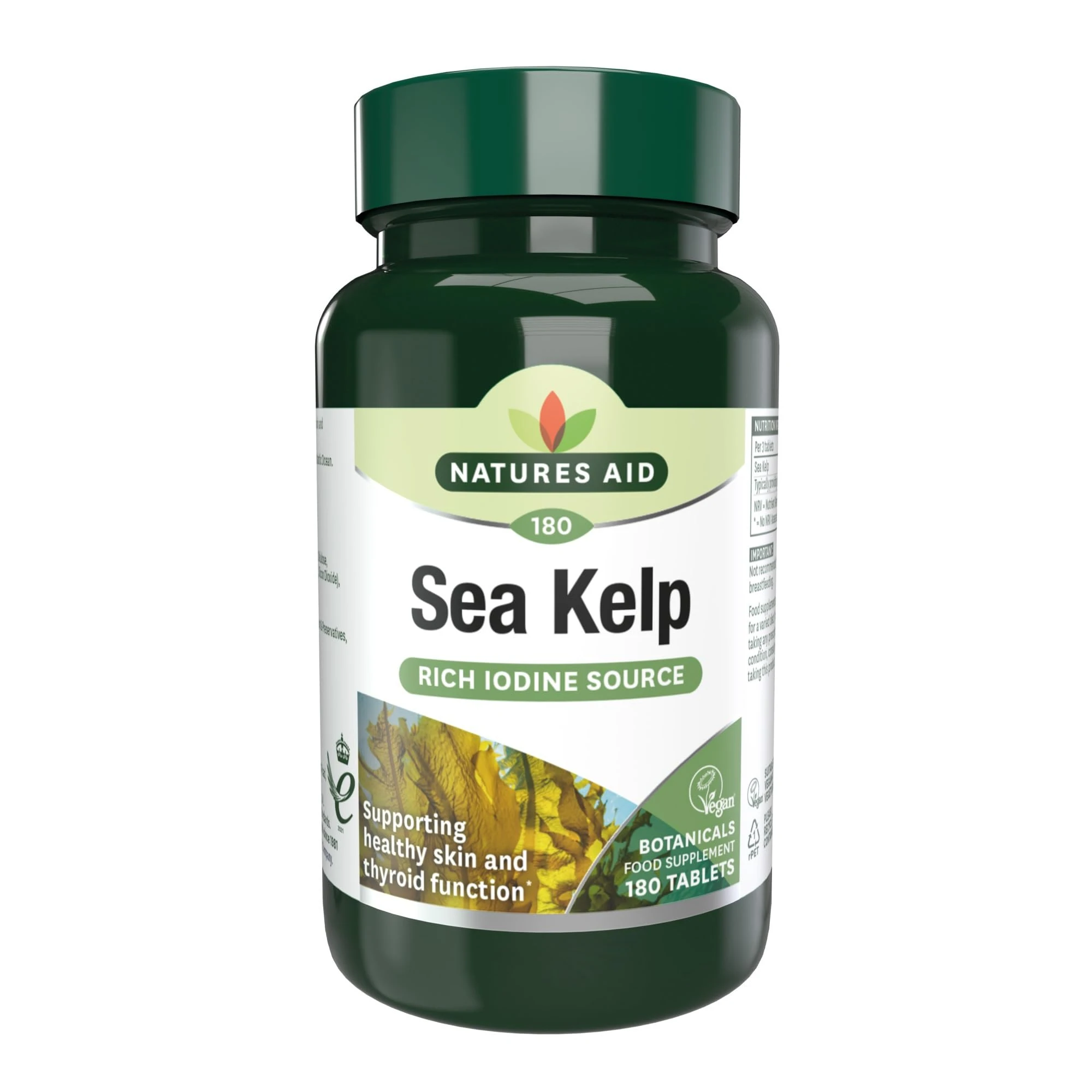 Natures Aid Sea Kelp 187mg – 180 Vegan Tablets – High Strength Iodine Supplement – Supports Thyroid Function & Skin – With Calcium – Gluten Free – Natural Source – No Artificial Additives