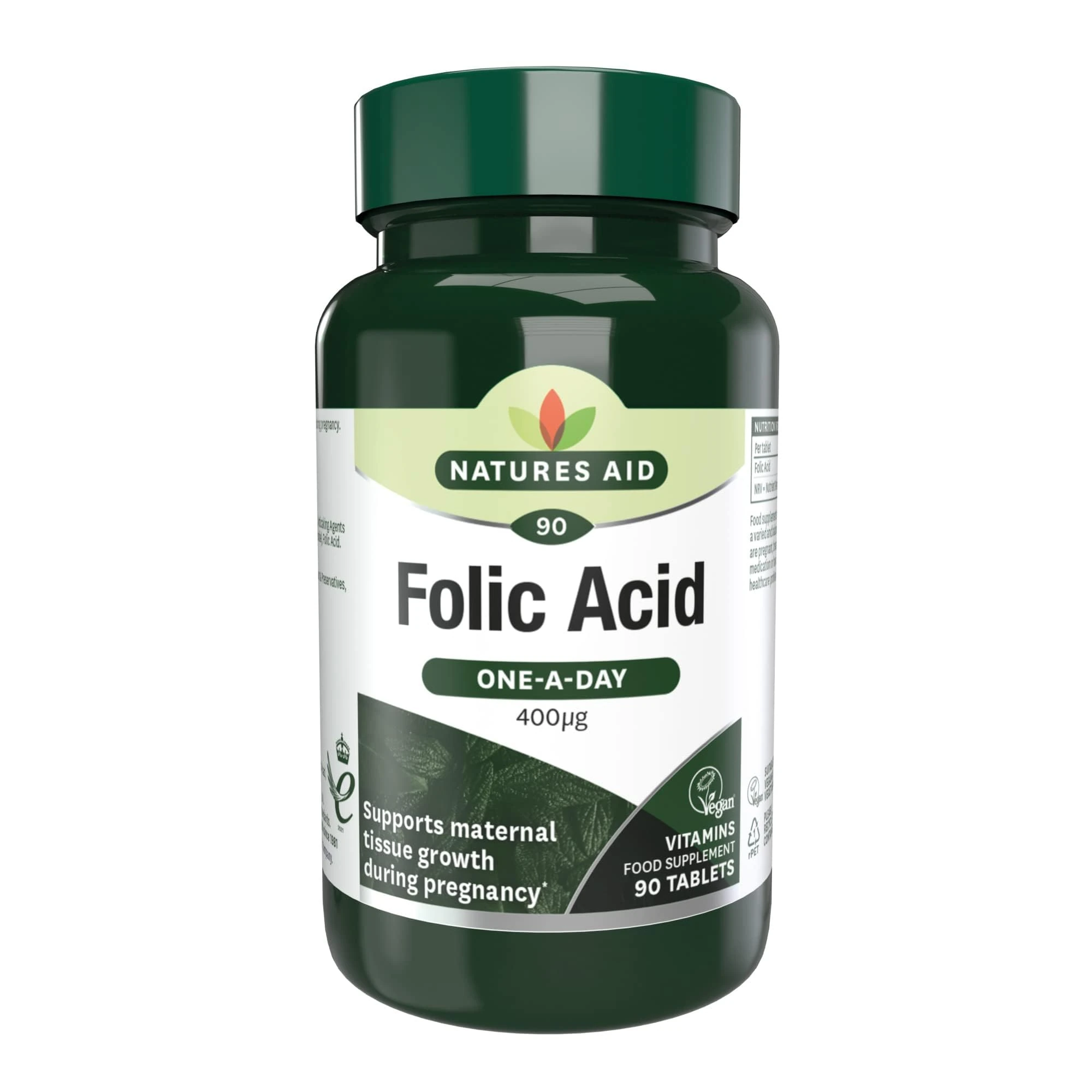 Natures Aid Folic Acid 400mcg – Supports Prenatal Health, Red Blood Cell Formation, DNA Synthesis – Vegan, Non-GMO, Gluten-Free – High Potency Natural Supplement – 90 Tablets