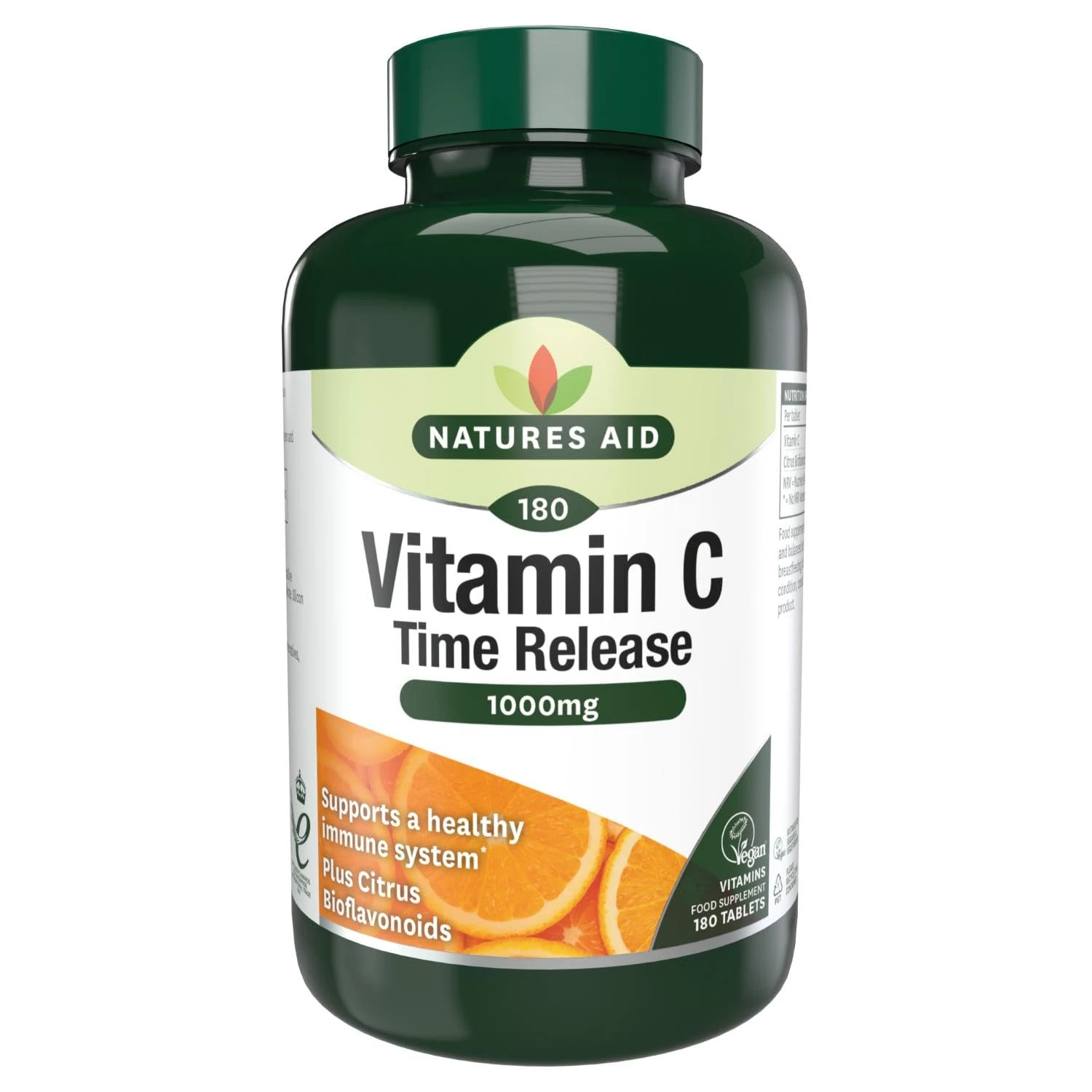 Natures Aid Vitamin C 1000mg Time Release - High Strength with Bioflavonoids - Supports Immunity, Bones & Heart - Antioxidant - Vegan, Gluten-Free, Non-GMO Supplement – 180 Tablets
