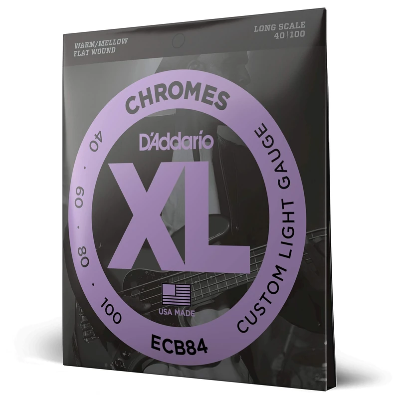 D'Addario XL Chromes Flat Wound Bass Guitar Strings - ECB84 - Long Scale - Custom Light, 40-100