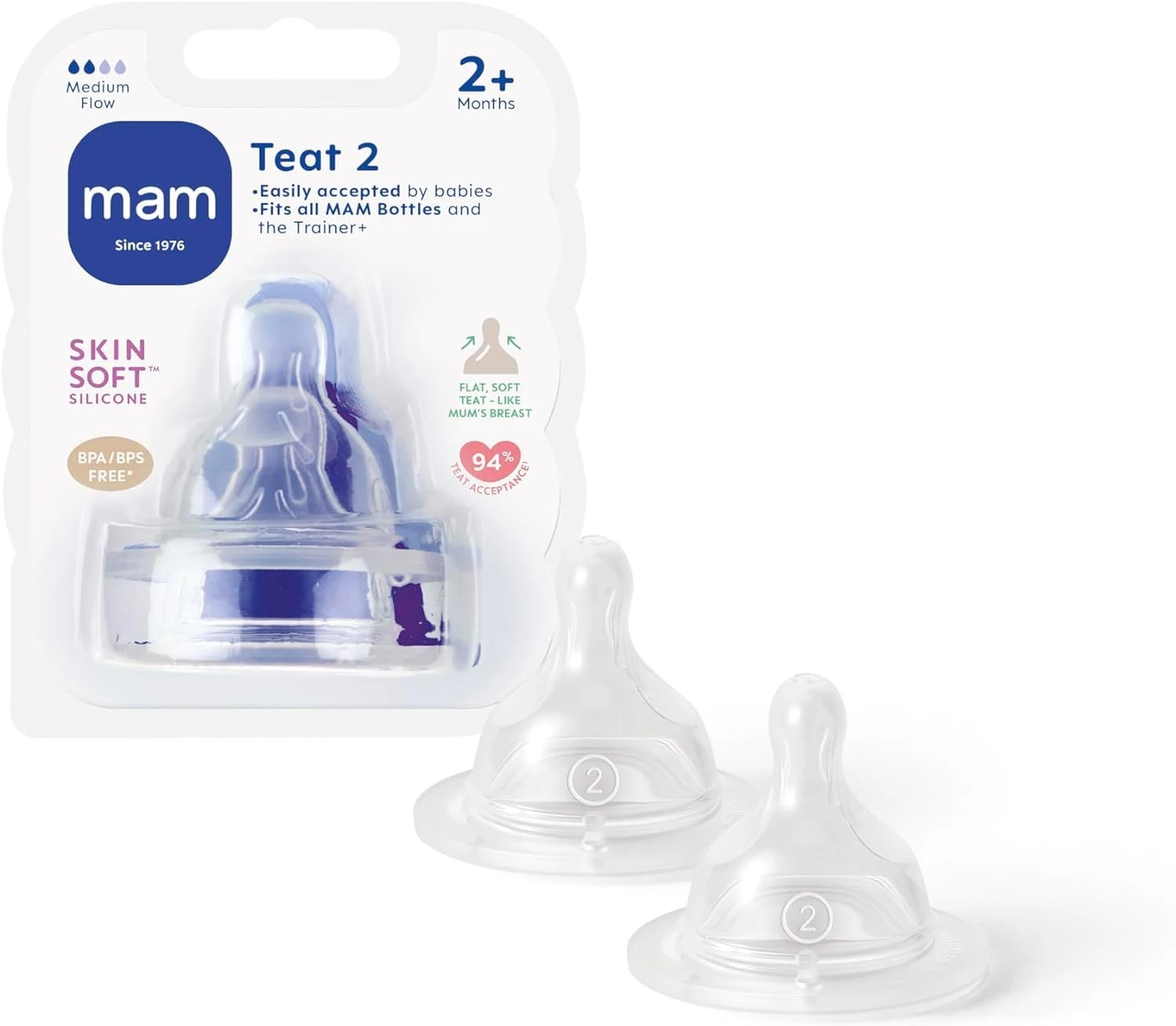 MAM Teats Size 2 | 2 Pack | Medium Flow | Fits All MAM Bottles | Suitable from 2+ Months | Made from SkinSoft Silicone | Baby Accessories for Newborn