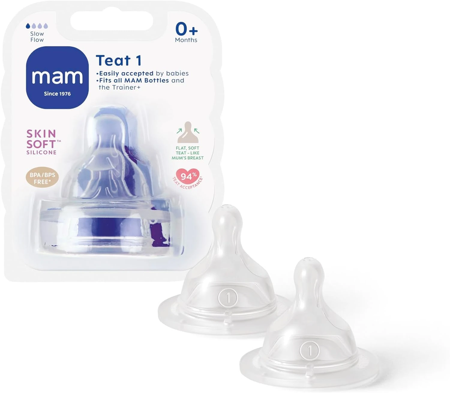 MAM Teats Size 1 | 2 Pack | Slow Flow | Fits All MAM Bottles | Made from SkinSoft Silicone | Baby Accessories for Newborn