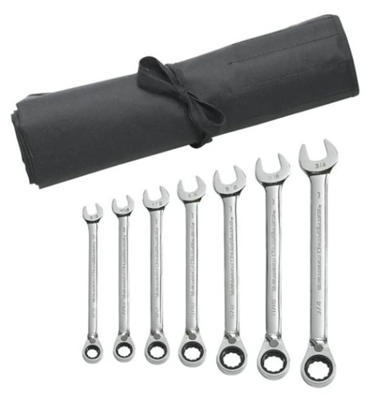 GearWrench 7 Pc. 12 Point Reversible Ratcheting Combination SAE Wrench Set with Tool Roll - 9567RN