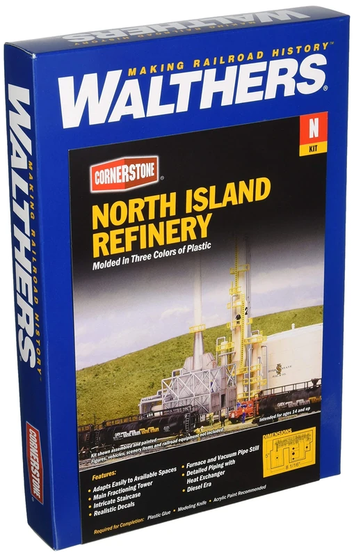 Cornerstone Walthers N Scale Model North Island Oil Refinery Kit, 8-1/16 x 5" 20.5 x 12.7cm