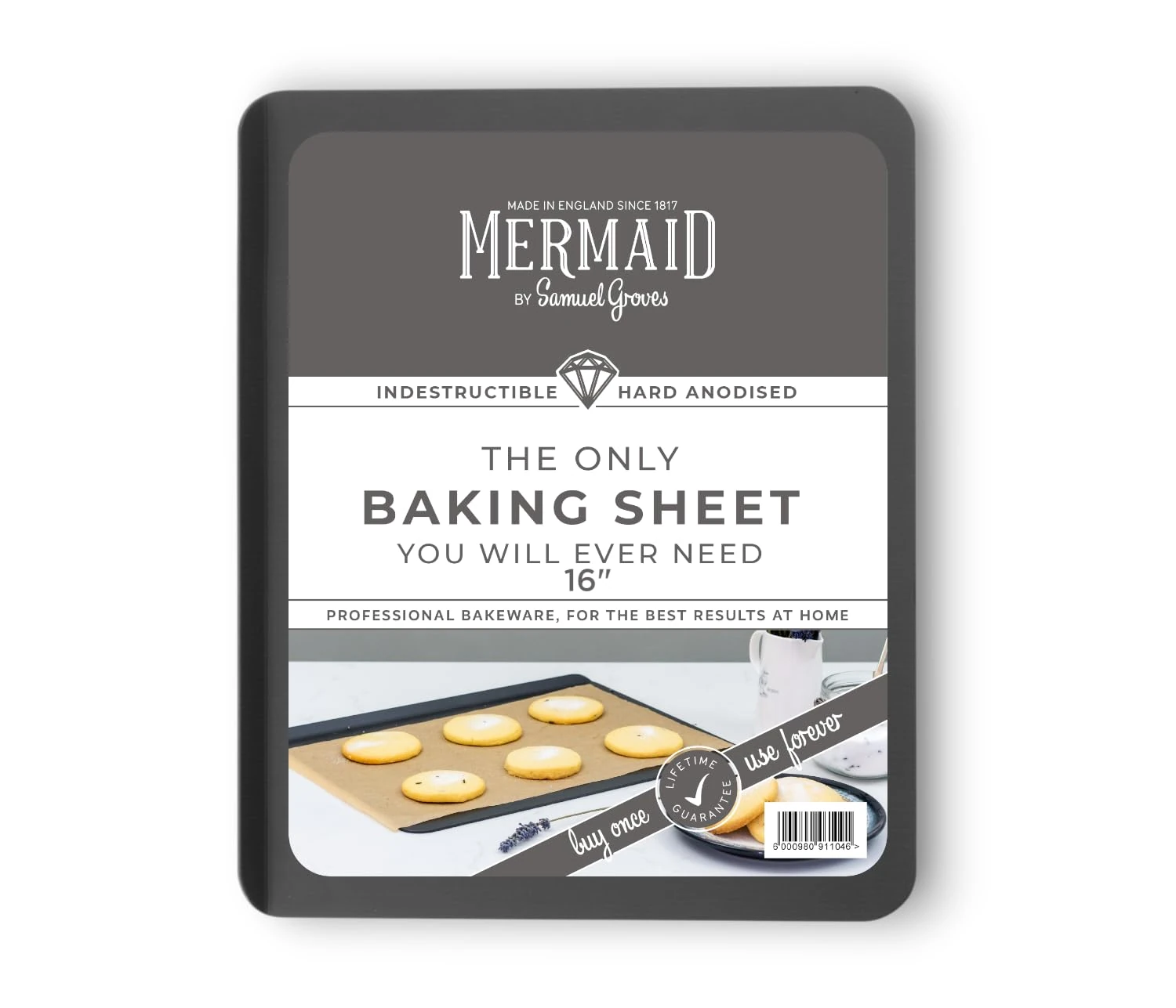 Mermaid 16" Hard Anodised Slide Off Baking Sheet – UK Made Professional Naturally Non-Stick Baking Trays for Cookies, Pastries & Everyday Baking (40cm x 31cm)