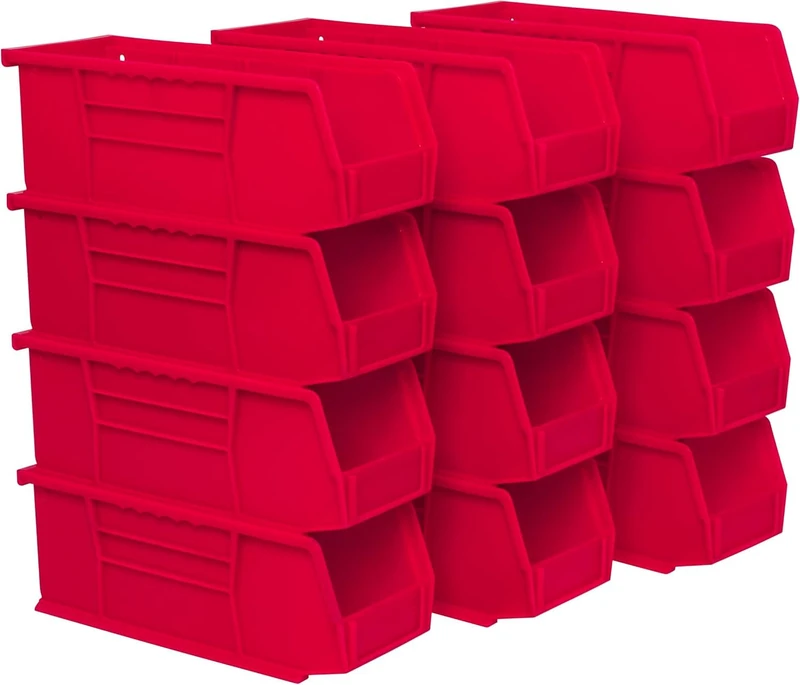 Akro-Mils 30224 AkroBins Plastic Storage Bins, Space-Saving Stackable Bins for Garage, Pantry, Craft Organization, 27.6 cm x 10.5 cm x 10.2 cm, Red, 12-Pack