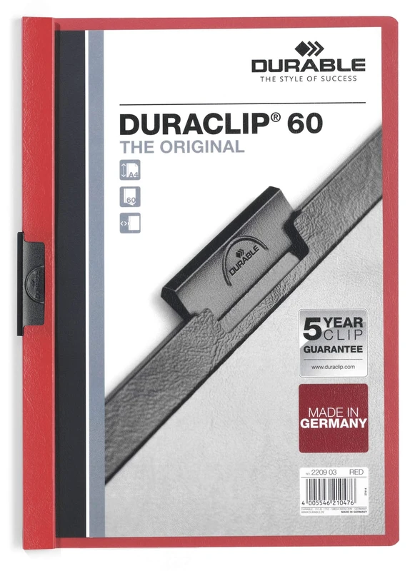 Durable DURACLIP 60 A4 Clip Folder - Holds Up to 60 Sheets of A4 Paper - Strong Metal Sprung Clip - Pack of 25 Red Colour Folders for Organising Documents