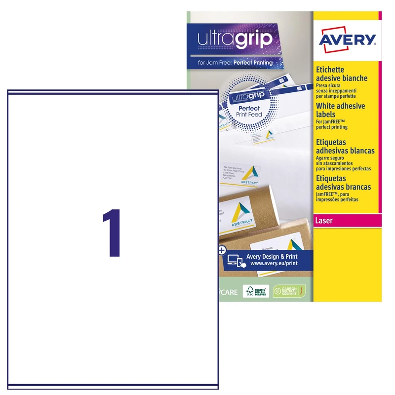 Avery L7167 Printable, Customisable Parcel Shipping Labels, Laser Printers, 1 Label Per A4 Sheet, 100 Labels, UltraGrip, White,99.6 x 289.1