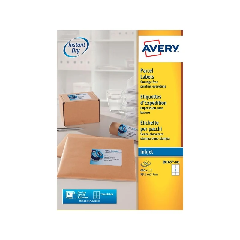 Avery Printable, Customisable Parcel Shipping Labels, Inkjet Printers, 8 Labels Per A4 Sheet, 800 Labels, Quickdry (J8165), White, 100 Sheets - Image 1