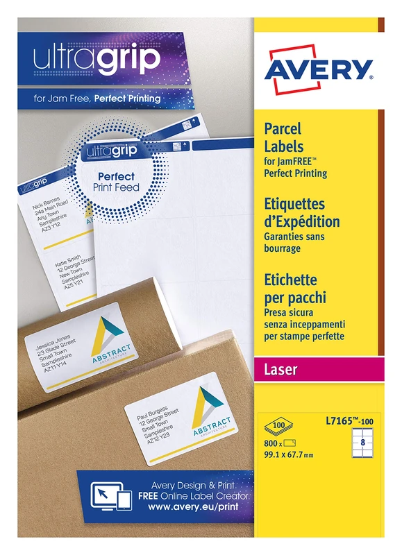 Avery JamFREE, Printable, Parcel Labels, Customisable, 210 x 297 mm, White, 1 Label per Sheet, 20 Blank Labels per Pack (L7165-100)