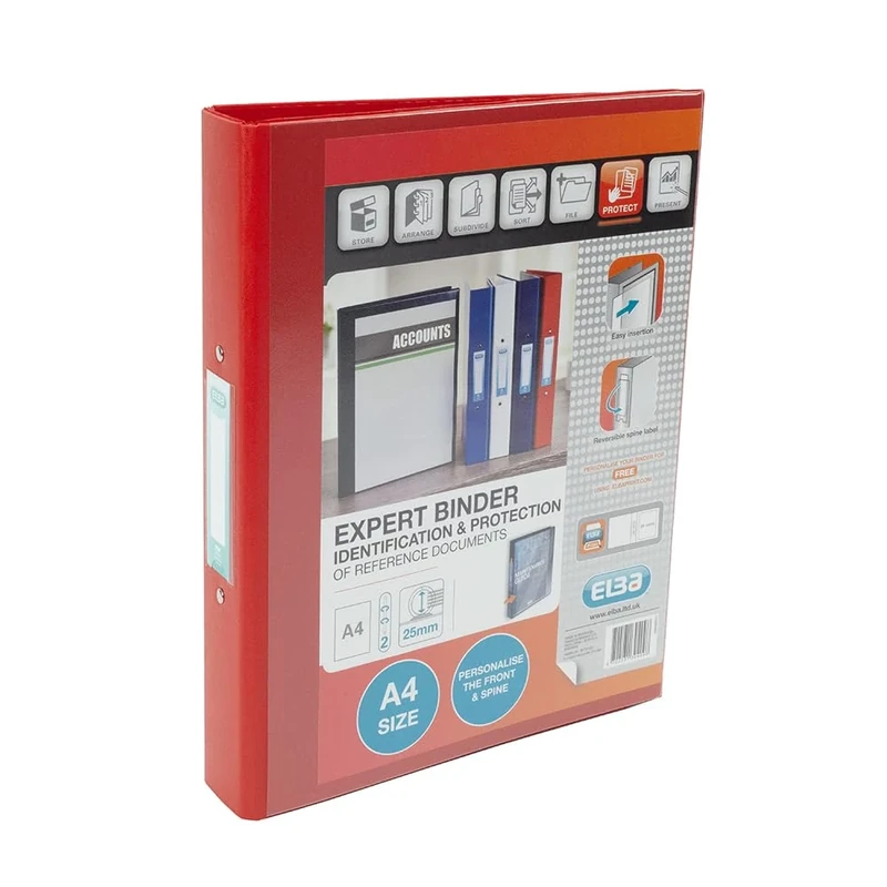 Elba A4 2 O-Ring Binder, 25mm capacity, 30mm spine, Presentation Folder with Customisable Cover, Portrait, Red (Pack of 10)
