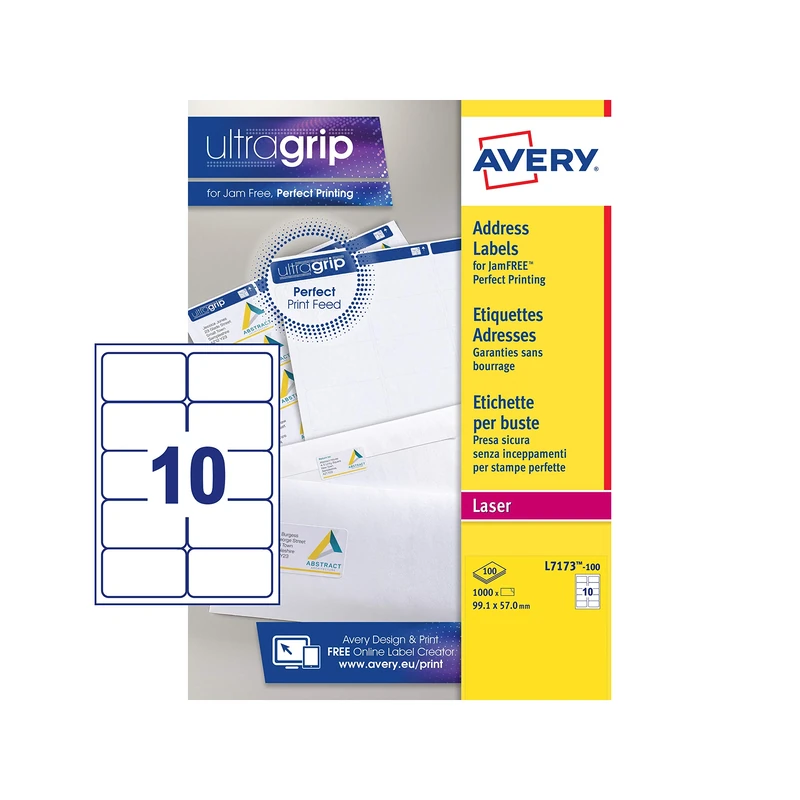 Avery JamFREE, Printable, Address Labels, Customisable, 99.1 x 57 mm, White, 10 Labels per Sheet, 1000 Blank Labels per Pack (L7173-100)