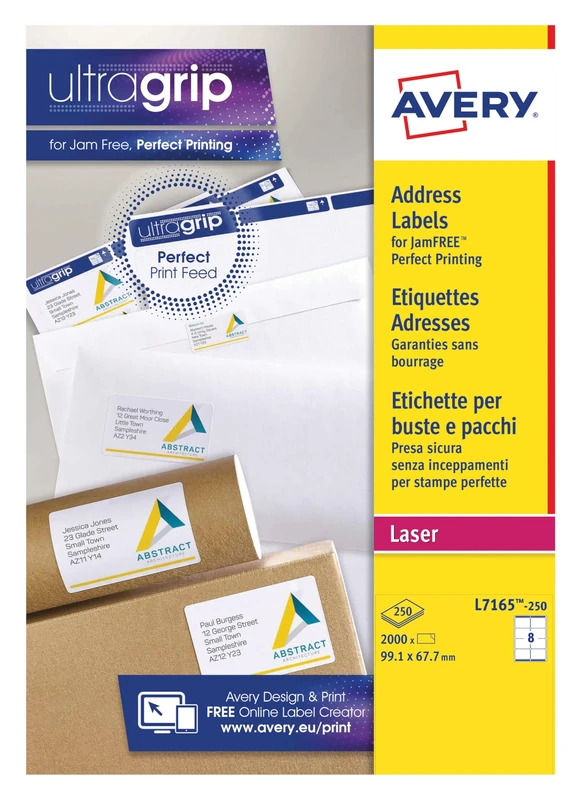 Avery L7165 Printable, Customisable Address Mailing Labels, Laser Printers, 8 Labels Per A4 Sheet, 2000 Labels, UltraGrip, White, 250 Sheets