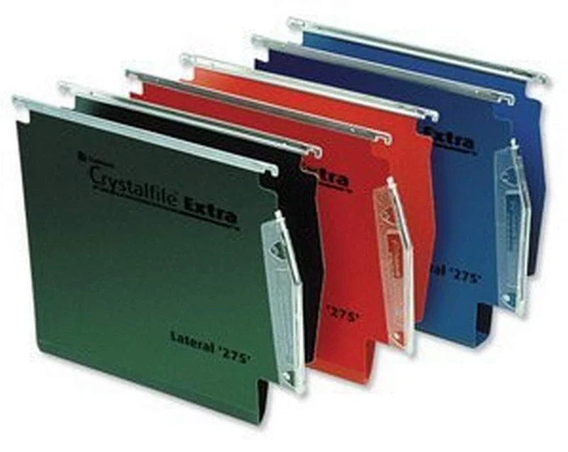 Rexel 275 Lateral Hanging Files with Tabs and Inserts, 30 mm base, Polypropylene, Red, Crystalfile Extra, Pack of 25, 70641