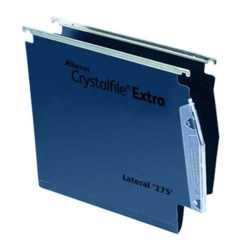 Rexel 275 Lateral Hanging Files with Tabs and Inserts, 30 mm base, Polypropylene, Blue, Crystalfile Extra, Pack of 25, 70642