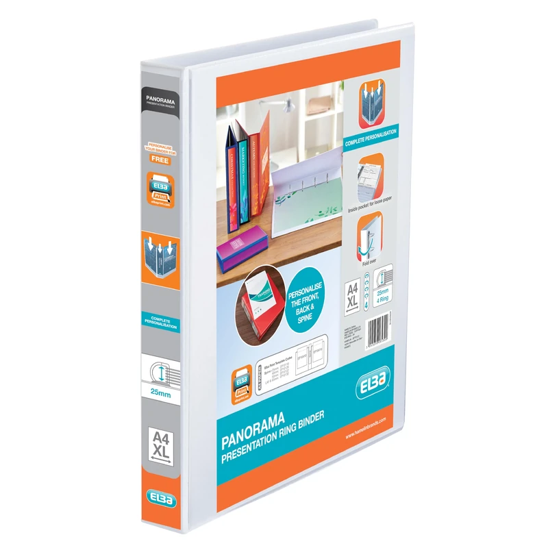 Elba A4 4 D-Ring Binder, 25mm capacity, 40mm spine, Presentation Folder with Customisable Cover, Portrait, White (Pack of 6)
