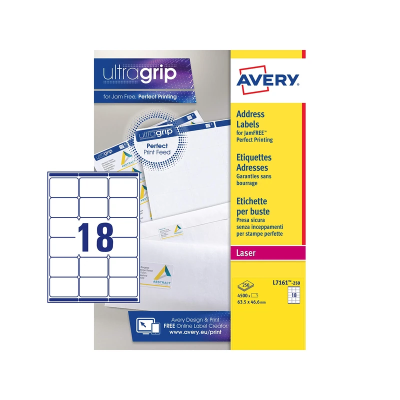 Avery Address Labels for Laser Printers, 18 Per A4 Sheet, 4500 Labels, QuickPEEL, Customisable, White, 63.5 x 46.6 mm, Ideal for Mailing & Shipping, L7161-250, 250 Sheets