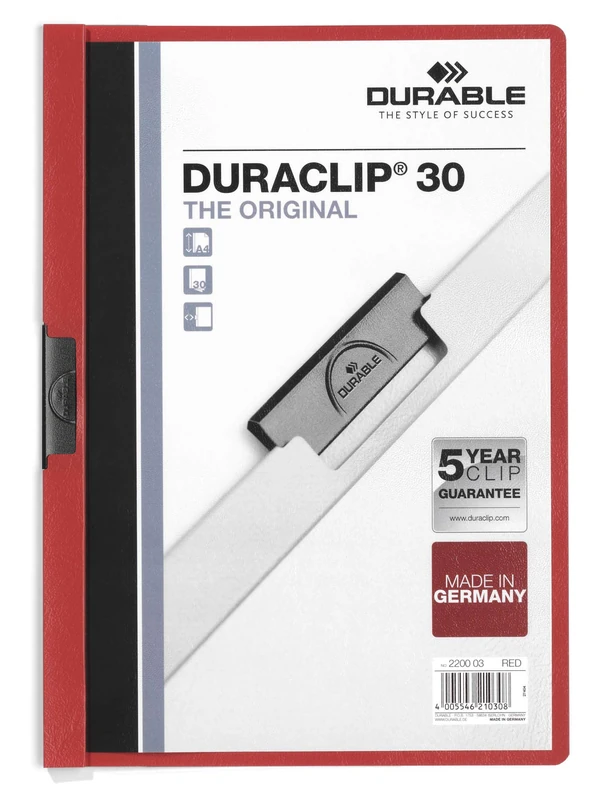 Durable DURACLIP 30 A4 Clip Folder - Holds Up to 30 Sheets of A4 Paper - Strong Metal Sprung Clip - Pack of 25 Red Colour Folders for Organising Documents
