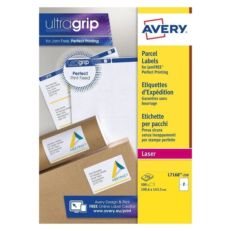 Avery L7168 Printable, Customisable Parcel Shipping Labels, Laser Printers, 2 Labels Per A4 Sheet, 500 Labels, UltraGrip,White,199.6 x 143.5 mm