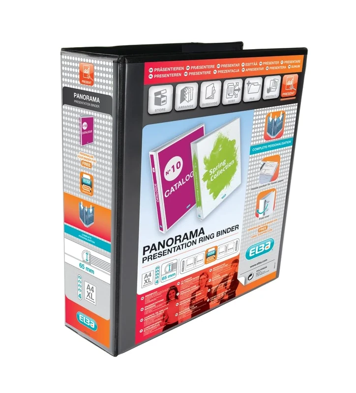 Elba A4 4 D-Ring Binder, 65mm capacity, 90mm spine, Presentation Folder with Customisable Cover, Portrait, Black (Pack of 4)
