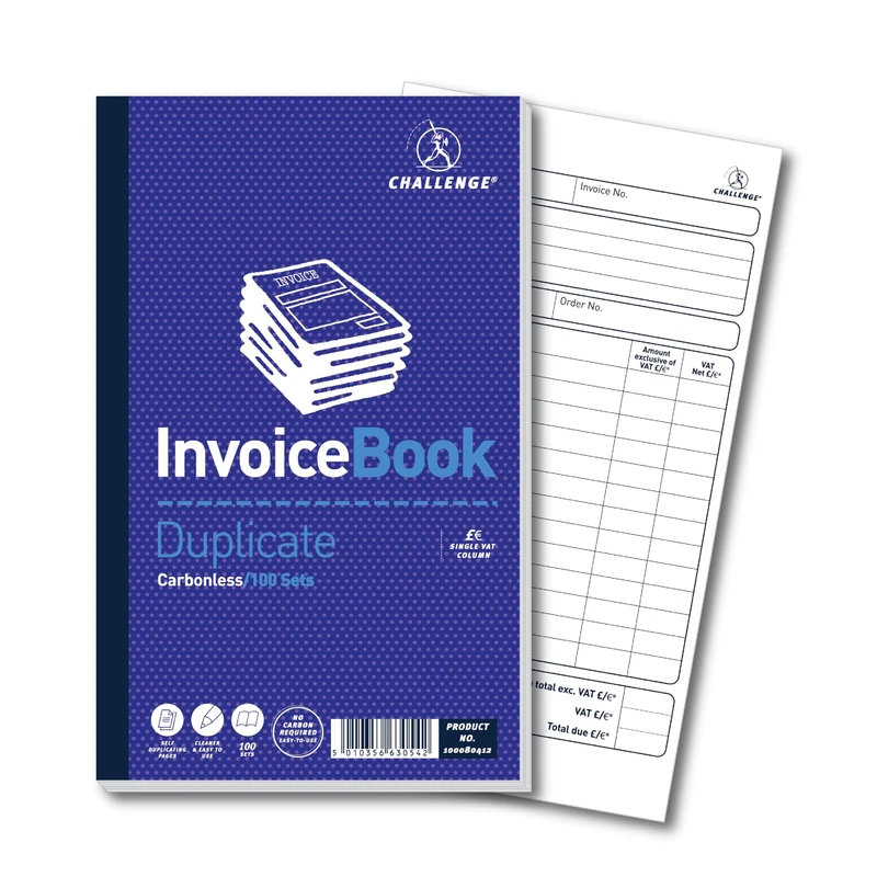 Challenge Duplicate Invoice Book with Vat, Carbonless, 100 Pages, Set of 5 (210 x 130 mm)