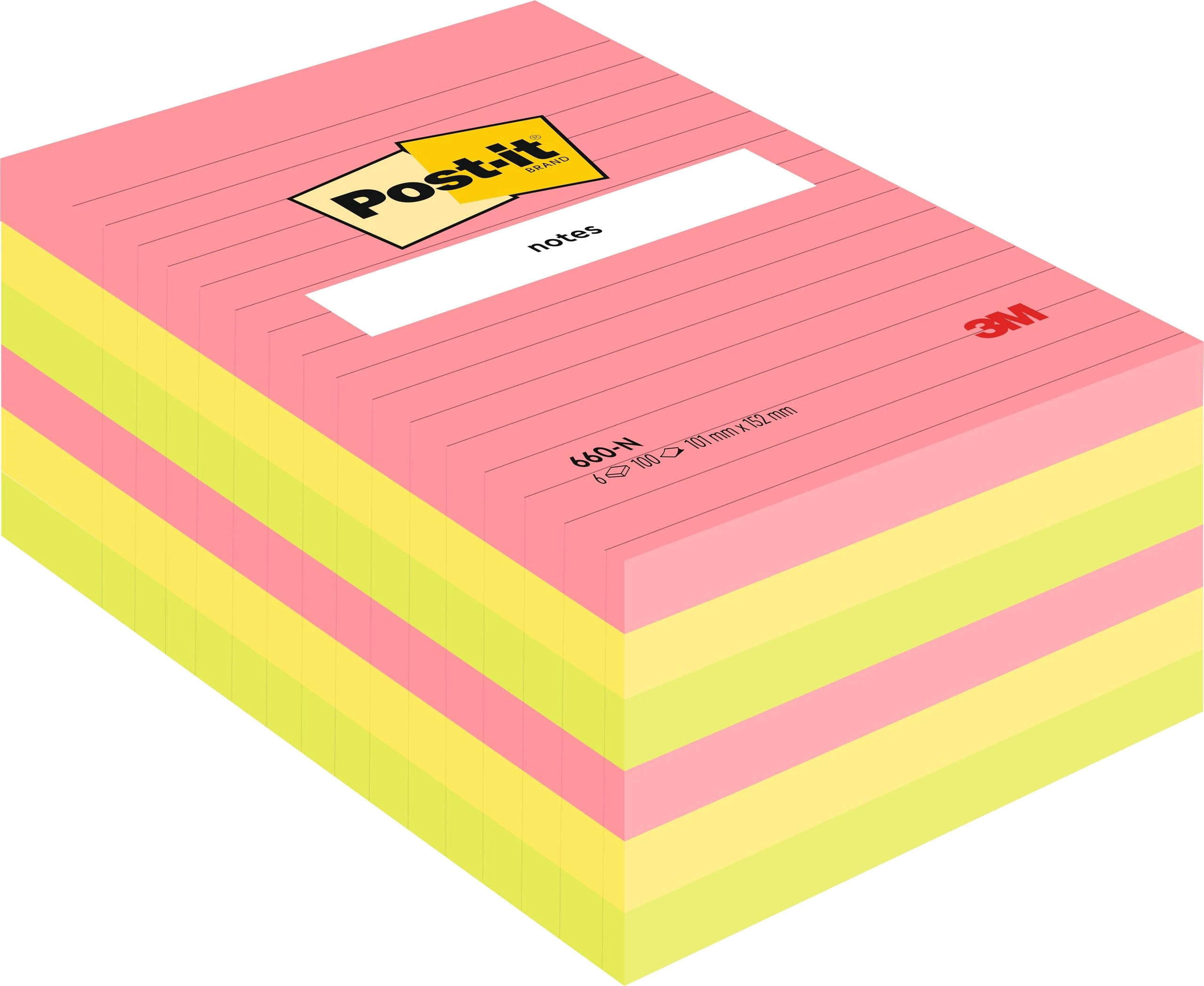 Post-it Large Notes, Assorted Neon Colours, Lined, 101 mm x 152 mm, 100 Sheets/Pad, 6 Pads - Self-Stick Notes for Note Taking, to Do Lists & Reminders