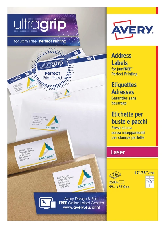 Avery Printable, Customisable Address Mailing Labels, Laser Printers, 10 per A4 Sheet, 2500 Labels, QuickPEEL (L7173), White Blank Printer Sticker Sheet.