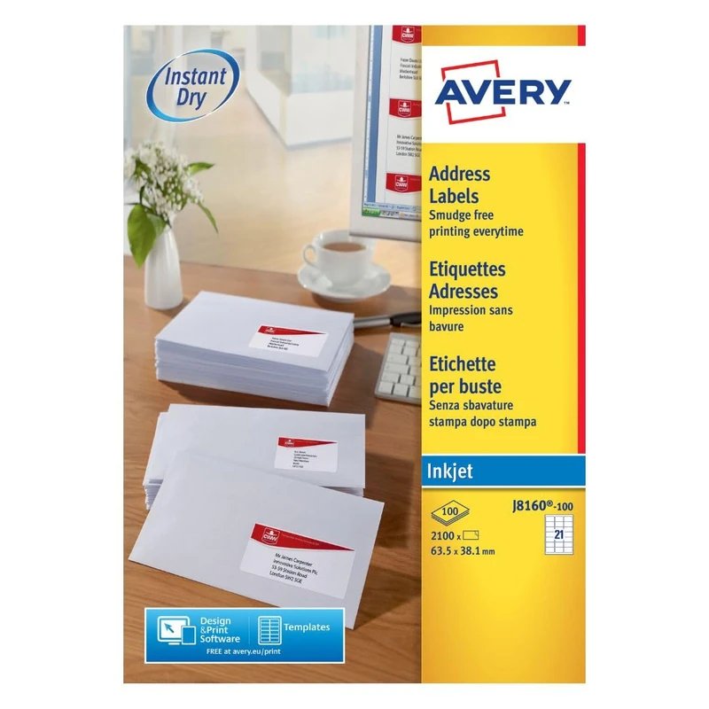 Avery Smudge Free, Printable, Address Labels, Quickdry, 63.5 x 38.1 mm, White, 21 Labels per Sheet, 2100 Blank Labels per Pack (J8160-100)