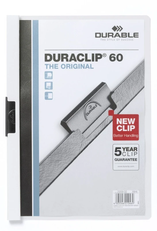 Durable DURACLIP 60 A4 Clip Folder - Holds Up to 60 Sheets of A4 Paper - Strong Metal Sprung Clip - Pack of 25 White Colour Folders for Organising Documents