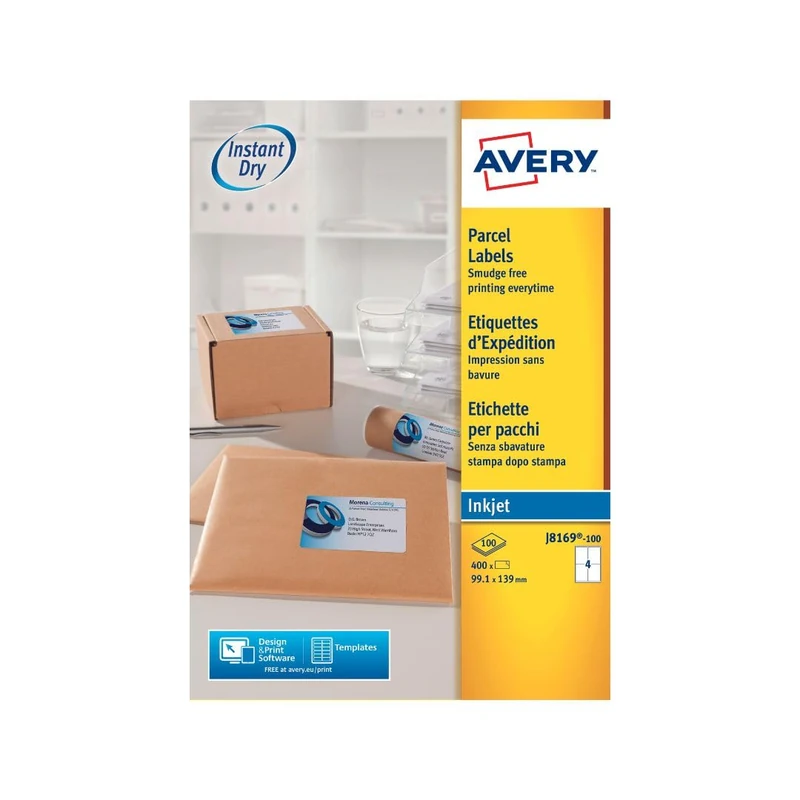 Avery J8169-100 Parcel Labels, 139 x 99.1 mm, Permanent, 4 Labels Per Sheet, 400 Labels Per Pack - Image 1