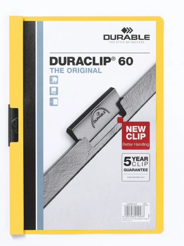 Durable DURACLIP 60 A4 Clip Folder - Holds Up to 60 Sheets of A4 Paper - Strong Metal Sprung Clip - Pack of 25 Yellow Colour Folders for Organising Documents