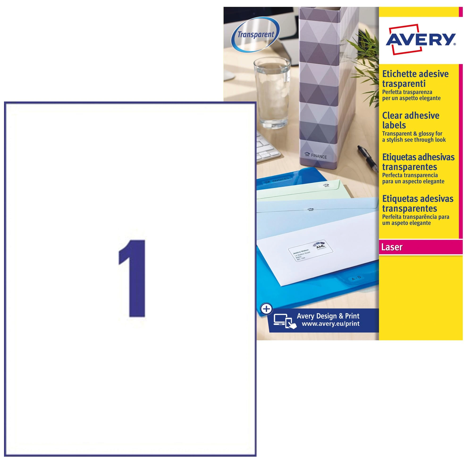 Avery Printable, Customisable Clear Parcel Shipping Labels, Laser Printers, 1 Label per A4 Sheet, 25 Labels, QuickPEEL (L7567) Transparent 210 x 297 mm L7567-25