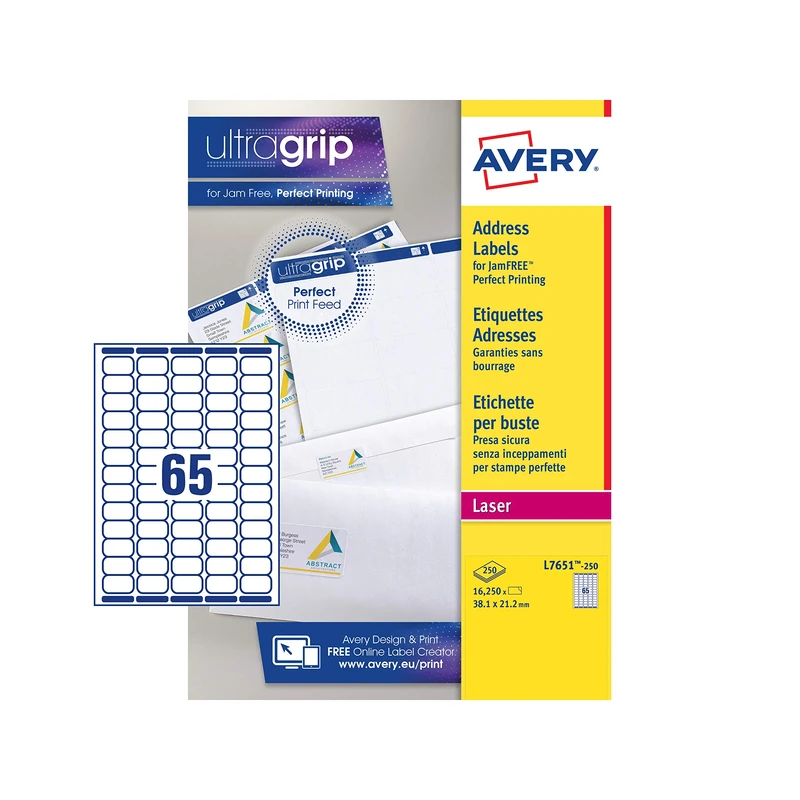 Avery Printable, Customisable Mini Organising Return Address Labels, Laser Printers, 65 Labels Per A4 Sheet, 16250 Labels, QuickPEEL (L7651), White, 250 Sheets