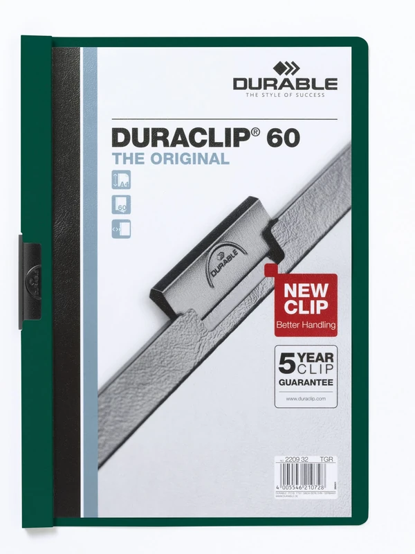 Durable DURACLIP 60 A4 Clip Folder - Holds Up to 60 Sheets of A4 Paper - Strong Metal Sprung Clip - Pack of 25 Dark Green Colour Folders for Organising Documents