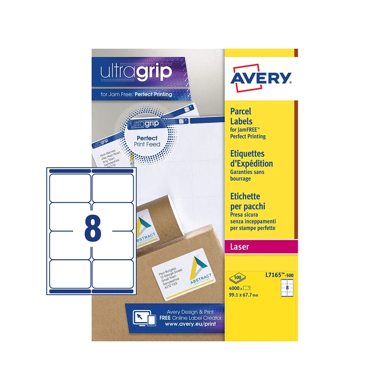 Avery L7165-500, Printable, Customisable, Parcel, Shipping Labels, Laser Printer Labels, 8 White Labels Per A4 Sheet, 500 Sheets