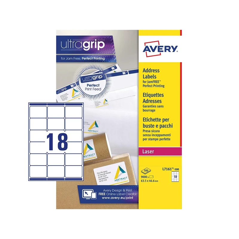 Avery L7161 Printable, Customisable Address Mailing Labels, Laser Printers, 18 Labels Per A4 Sheet, 9000 Labels, UltraGrip, White (L7161-500
