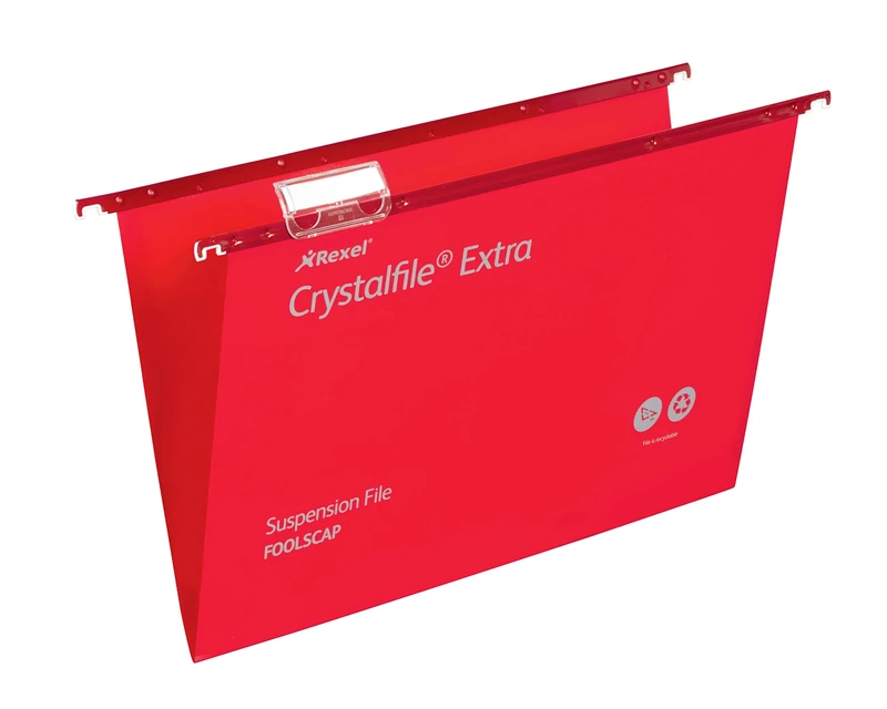 Rexel Foolscap Heavy Duty Suspension Files with Tabs and Inserts for Filing Cabinets, 15 mm base, Polypropylene, Red, Crystalfile Extra, Pack of 25, 70629
