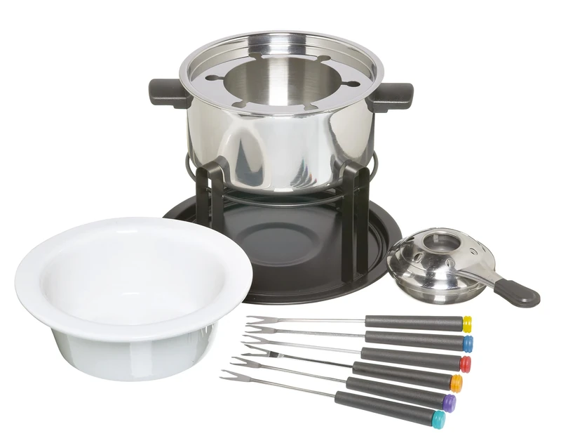 KitchenCraft 3-in-1 Fondue Set with Colour Coded Fondue Forks (for Chocolate, Meat and Cheese Fondue), Silver