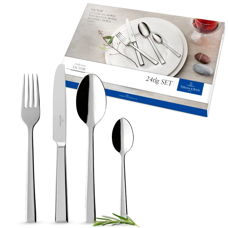 Villeroy & Boch – Victor Cutlery Set, 24-Piece Silver/Platinum, Dishwasher Safe, Flatware, Knives, Forks, Spoons, Luxury Cutlery Set, Stainless Steel
