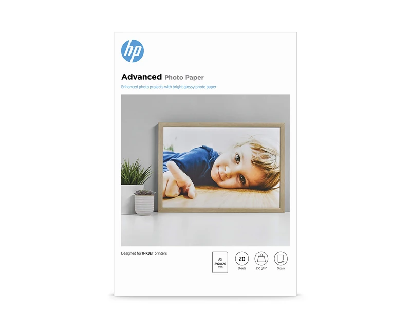 HP Advanced Photo Paper | Glossy | A3 (297 x 420 mm) | 20 sheets | 250 g/m2 | Works with inkjet printers | White | Q8697A