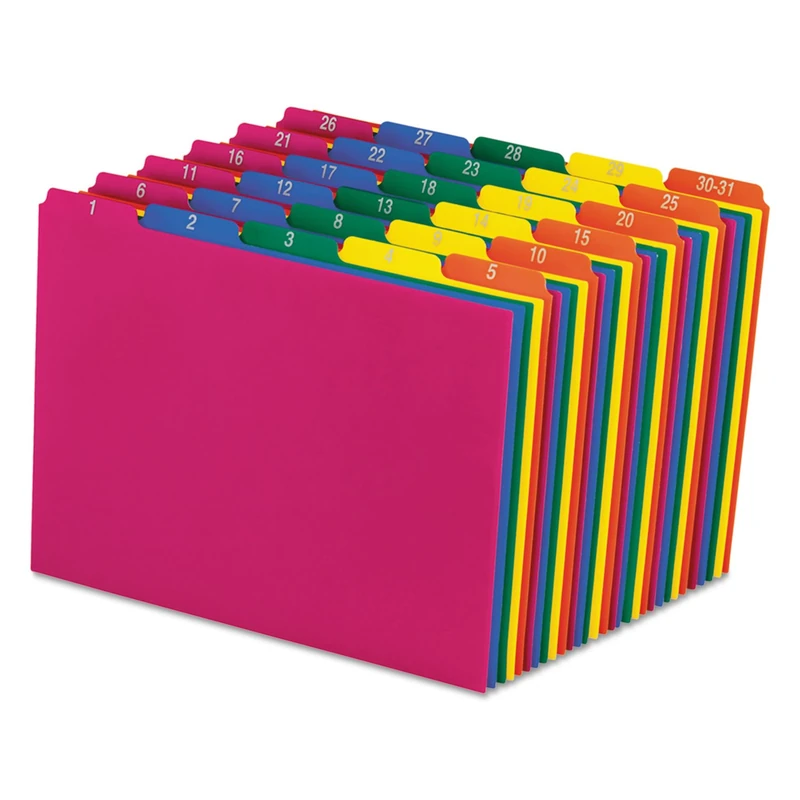 Pendaflex 40143 Top Tab File Guides, Daily/1-31, 1/5 Tab, Polypropylene, Letter (Set of 31), Blue;Green;Magenta;Strawberry;Yellow
