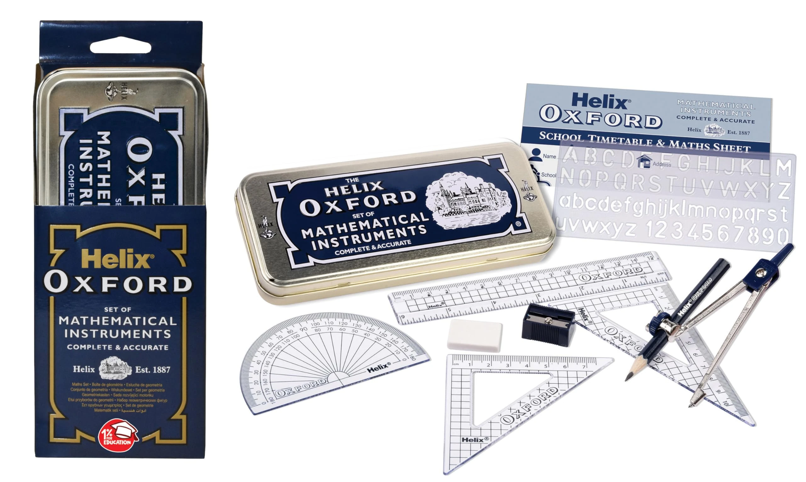 Helix Oxford Maths Set with Storage Tin - 10 Piece Maths Equipment Set