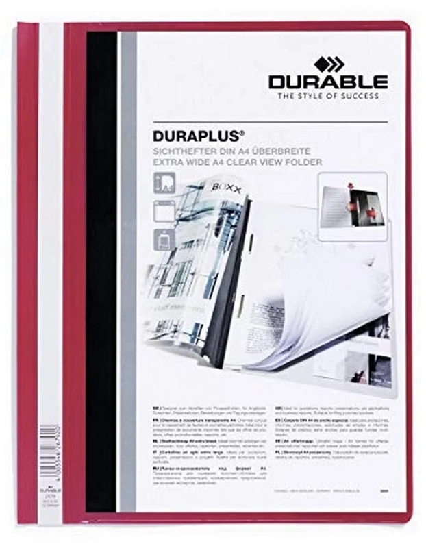 Durable 257903 Duraplus Folder with Transparent Pocket for A4 Documents - Red - Pack of 25