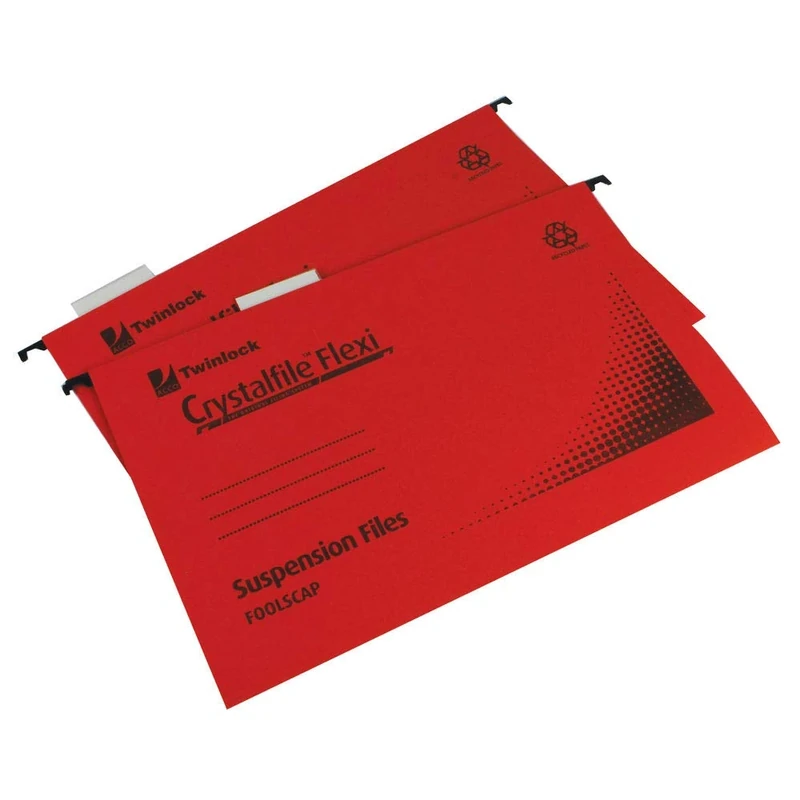 Rexel Foolscap Suspension Files with Tabs and Inserts for Filing Cabinets, 15 mm V-base, Manilla, Red, Crystalfile Flexifile, Pack of 50, 3000042