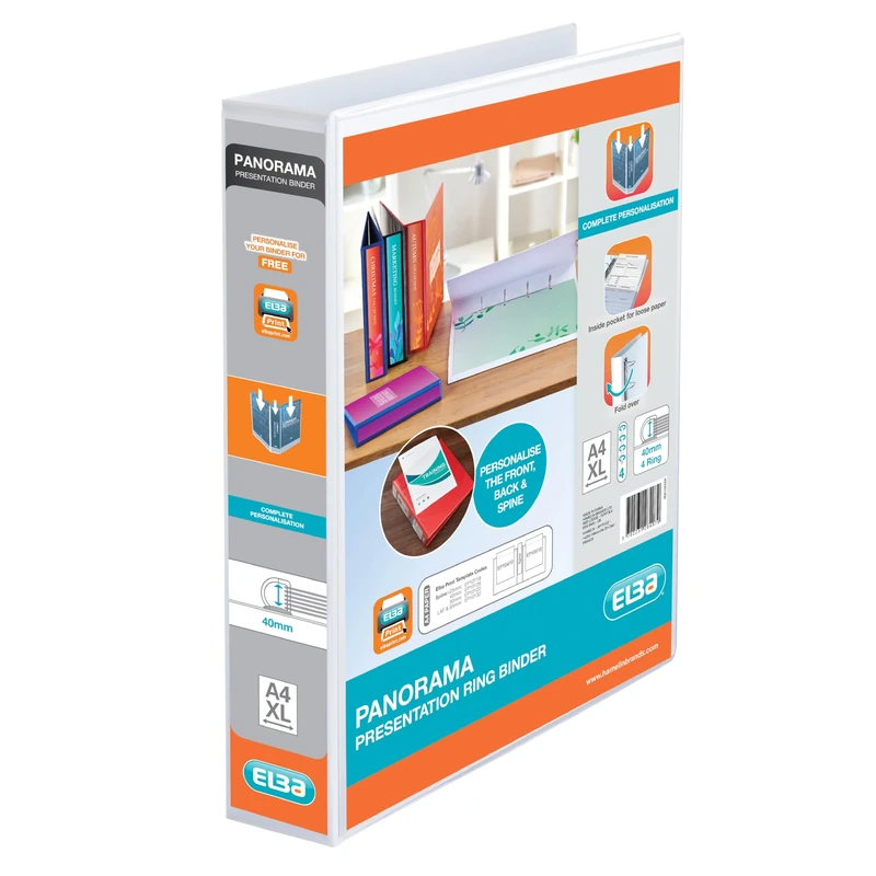 Elba A4 4 D-Ring Binder, 40mm capacity, 60mm spine, Presentation Folder with Customisable Cover, Portrait, White (10 pack)